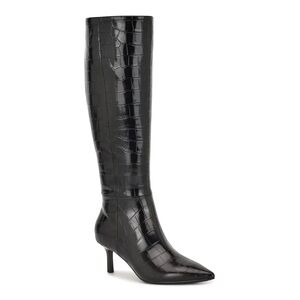 Black Croc-Embossed Knee-High Boots